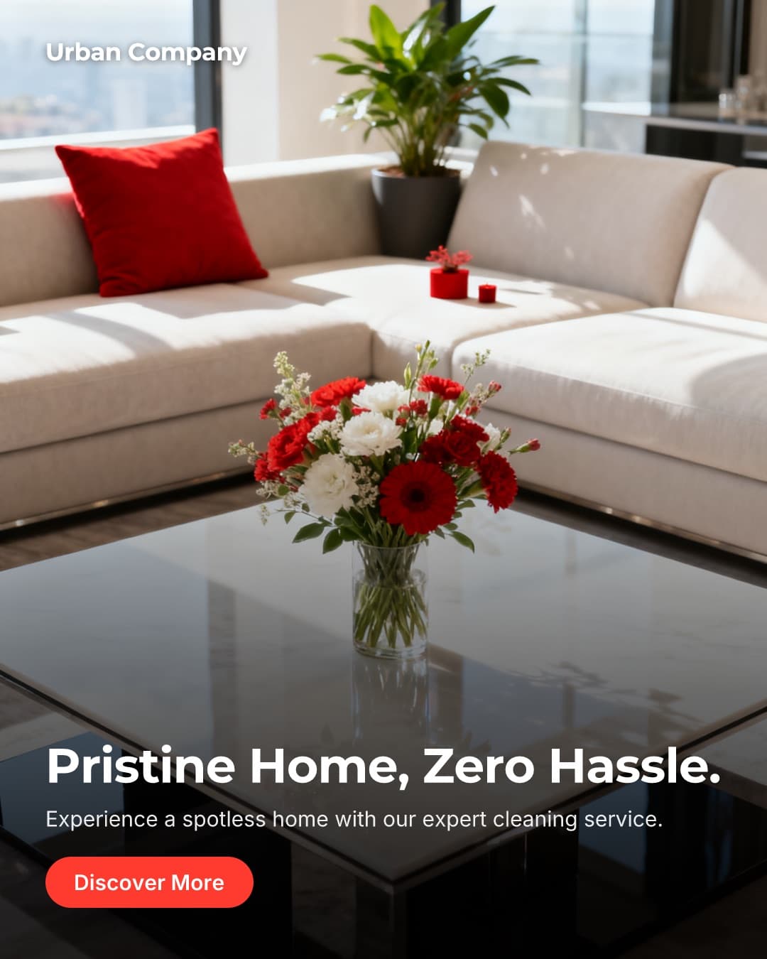 Ad slide generated for Urban Company, showing a styled living room with a red cushion