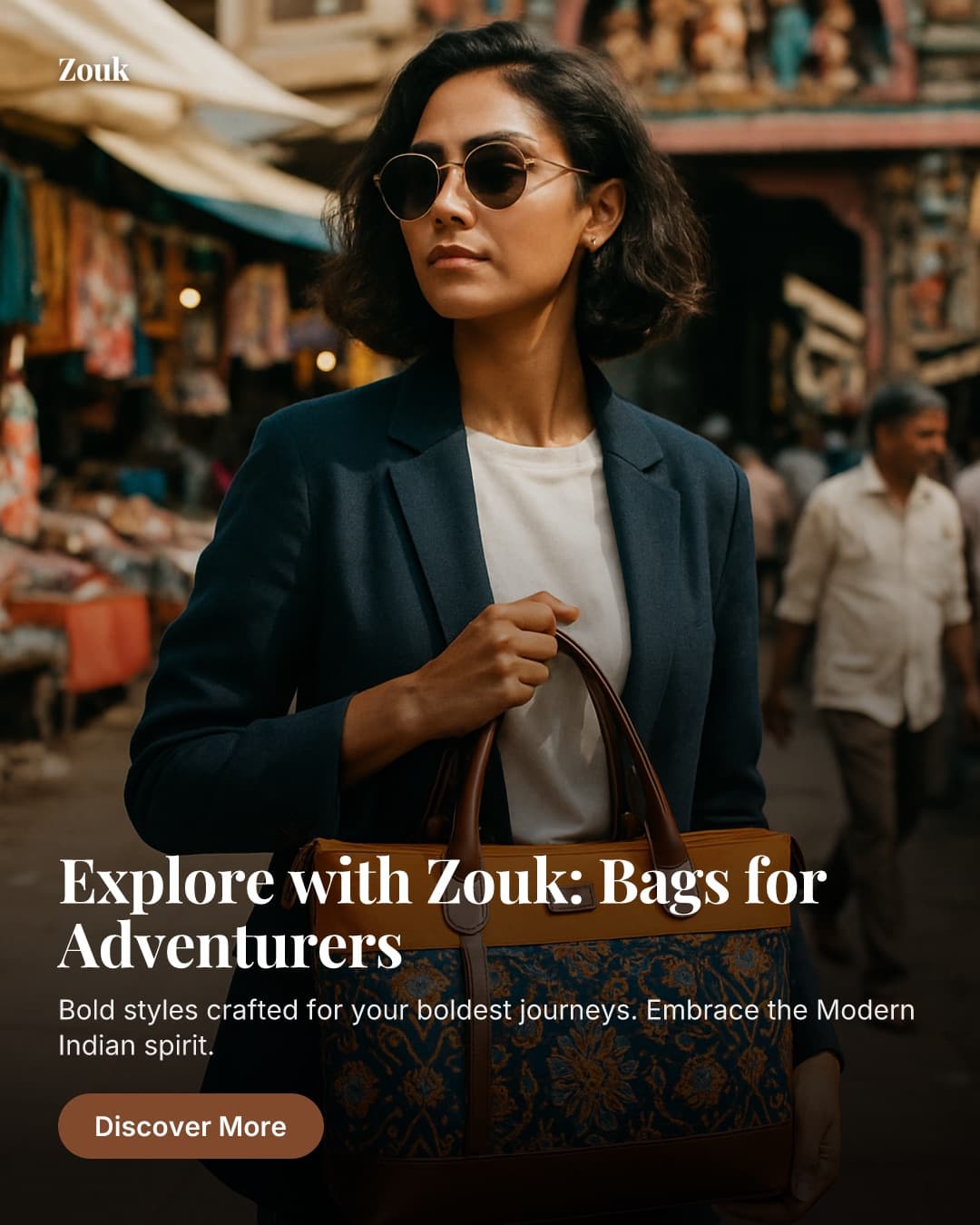Ad slide generated for the Indian bag brand Zouk, showing a woman with a printed tote in a street market