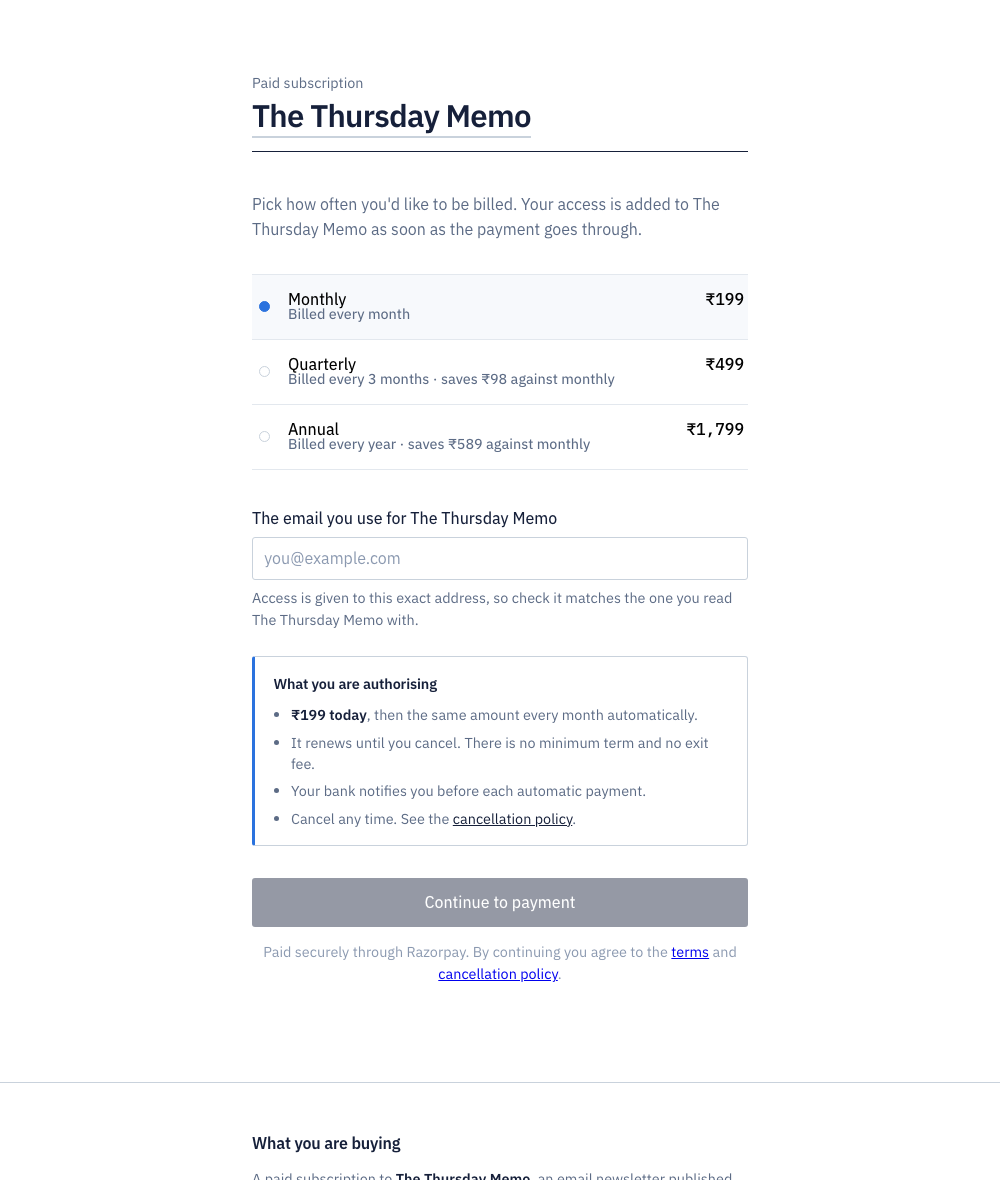 A Merova subscribe page showing monthly, quarterly and annual prices in rupees, with the renewal terms stated above the pay button.