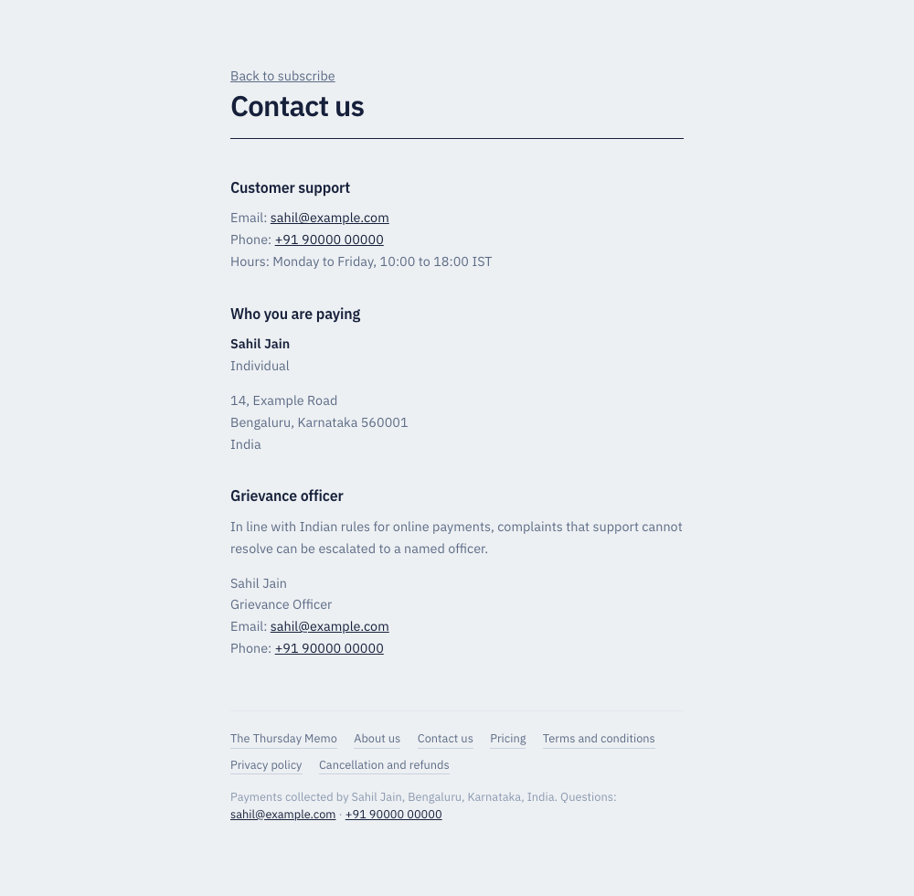 A publisher's contact page showing their registered name, address, support email, phone and named grievance officer.